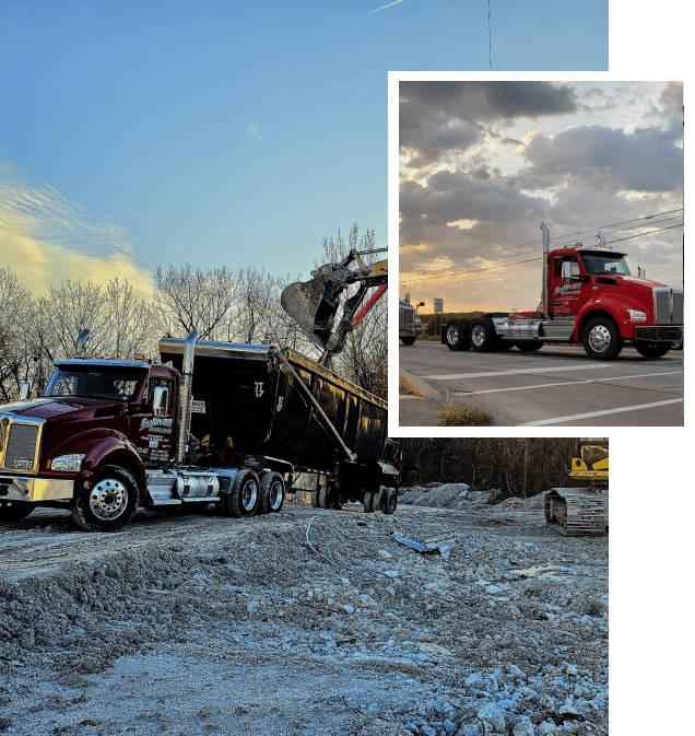 Trucks at construction site with cloudy sky.